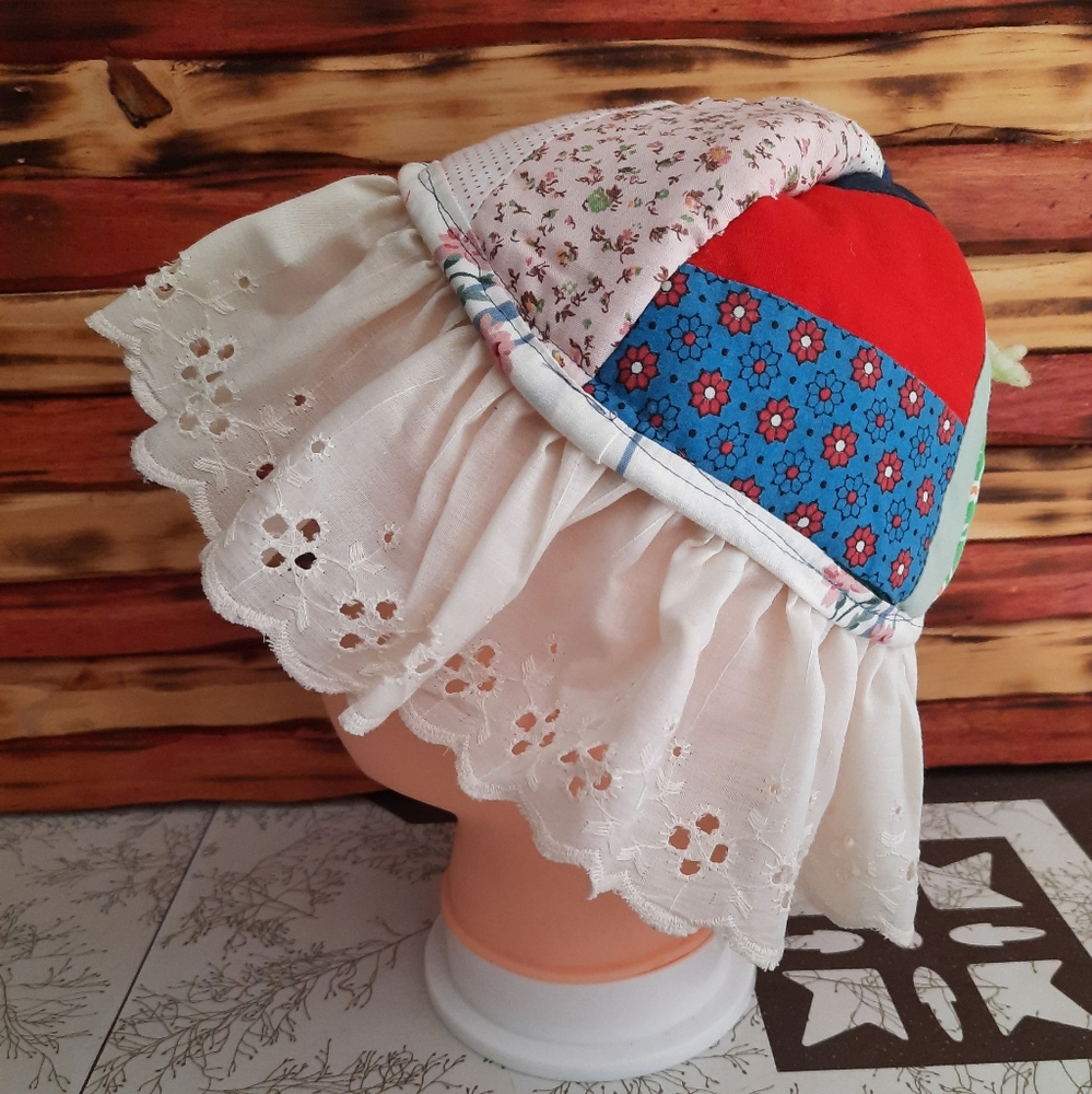Toddler patch quilt hat vtg eyelet upcycled handmade